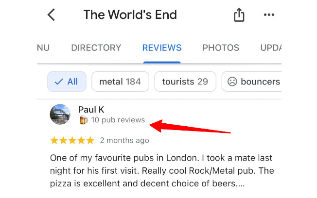 New Google feature showing a reviewer's total review count in a given category.