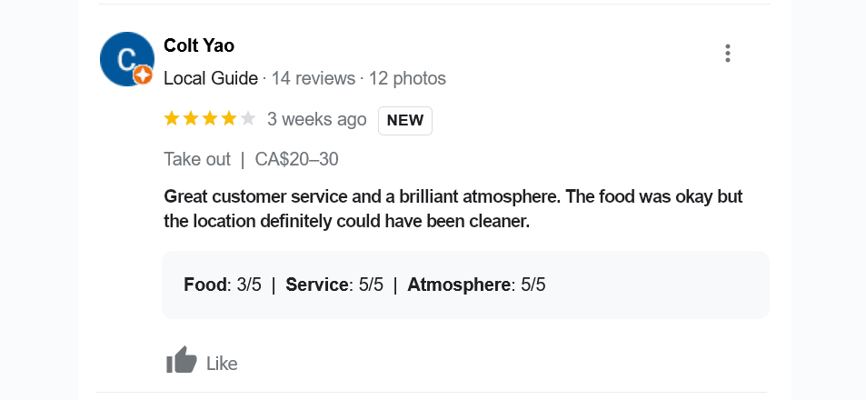 An example of a four-star review for a restaurant on Google Maps.
